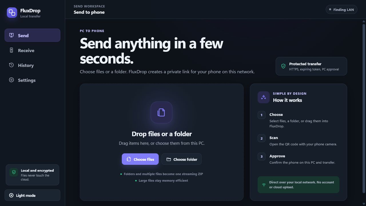 FluxDrop desktop app showing its Send workspace
